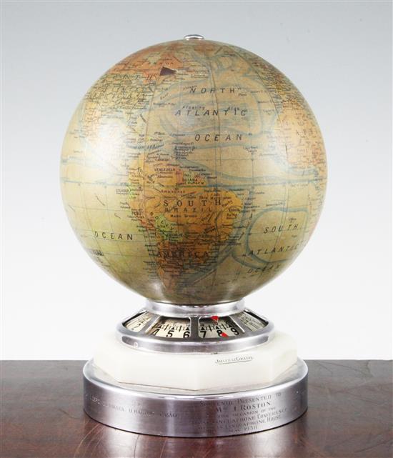 A Jaeger Le Coutre globe timepiece, height overall 10.5in.